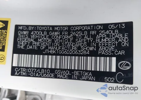 2013 Lexus Es 350 z USA, uszkodzony, nr VIN JTHBK1GG6D2063284